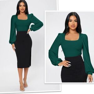 Dark Green Square Neck Lantern Long Sleeve, Petite 8/10